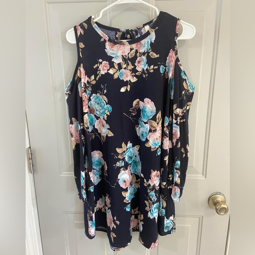 Floral Cold Shoulder Dress - Black, Pink, Blue